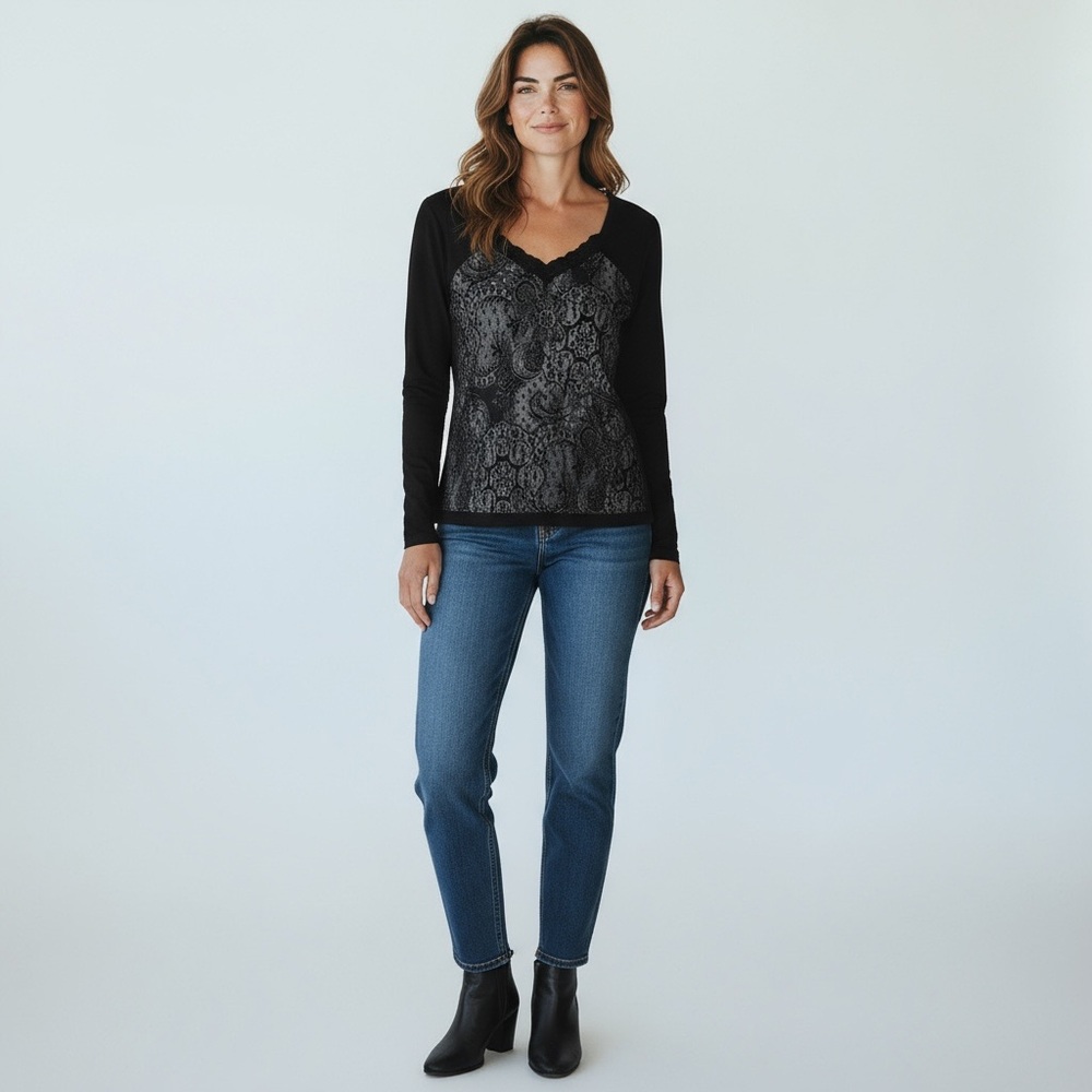 August Silk Black Lace Print Long Sleeve Top Medium